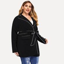Romwe Plus Notched Collar Contrast Binding Coat