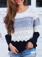 Romwe White Long Sleeve Color Block Sweater