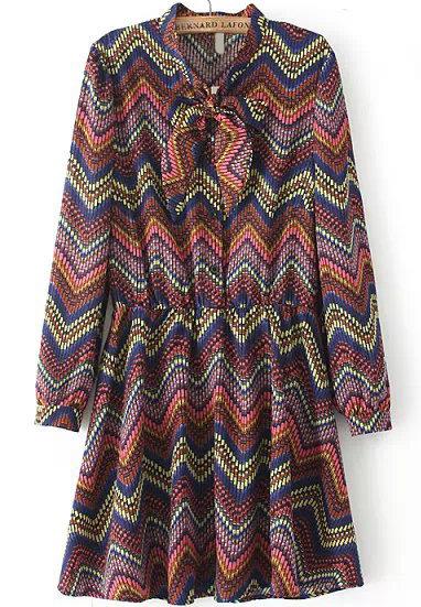 Romwe Bow Collar Striped Dress