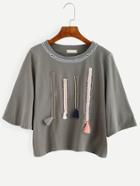 Romwe Grey Tassel And Embroidered Tape Embellished T-shirt