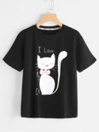 Romwe Cat And Letter Print Tee
