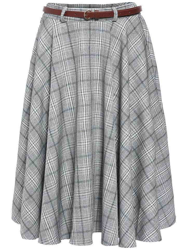 Romwe Plaid A-line Skirt With Belt