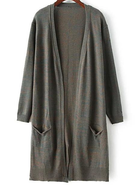 Romwe Split Long Green Cardigan With Pockets