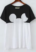 Romwe Color Block Short Sleeve Mickey Head Print T-shirt