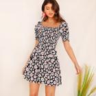 Romwe Daisy Floral Frill Trim Shirred Floral Dress