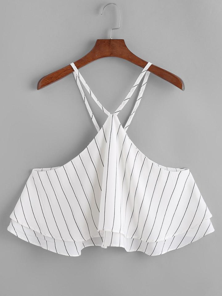 Romwe Striped Tiered Zip Back Crop Cami Top