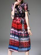 Romwe Multicolor V Neck Tie-waist Print Dress