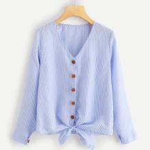 Romwe Striped Knot V Neck Blouse