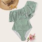 Romwe Striped One Shoulder Flounce One Piece Swimwear