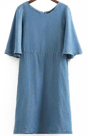Romwe Blue Ruffle Sleeve Loose Denim Dress