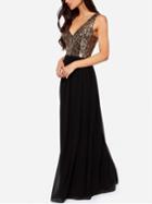 Romwe Black V Neck Sleeveless Sequined Maxi Dress