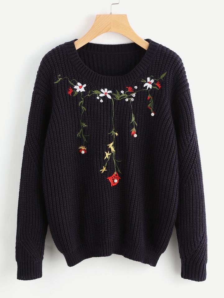 Romwe Pearl Beading Flower Blossom Embroidered Jumper