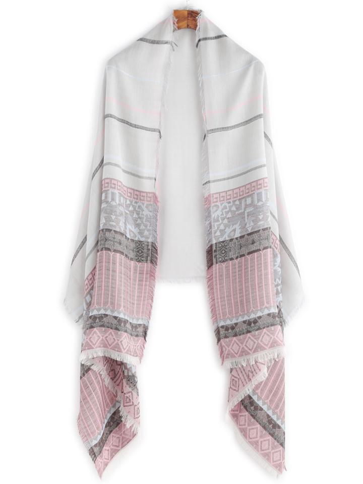 Romwe Pink And White Tribal Print Striped Shawl Scarf