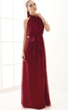 Romwe Stand Collar Off-shoulder Chiffon Wine Red Dress