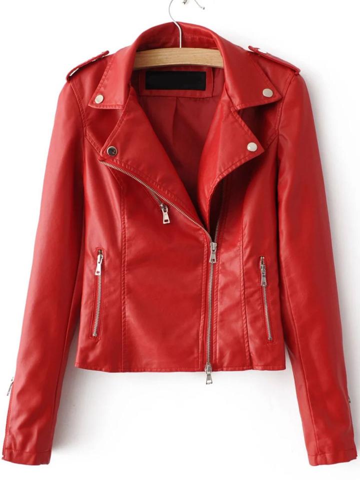 Romwe Red Oblique Zipper Pu Moto Jacket