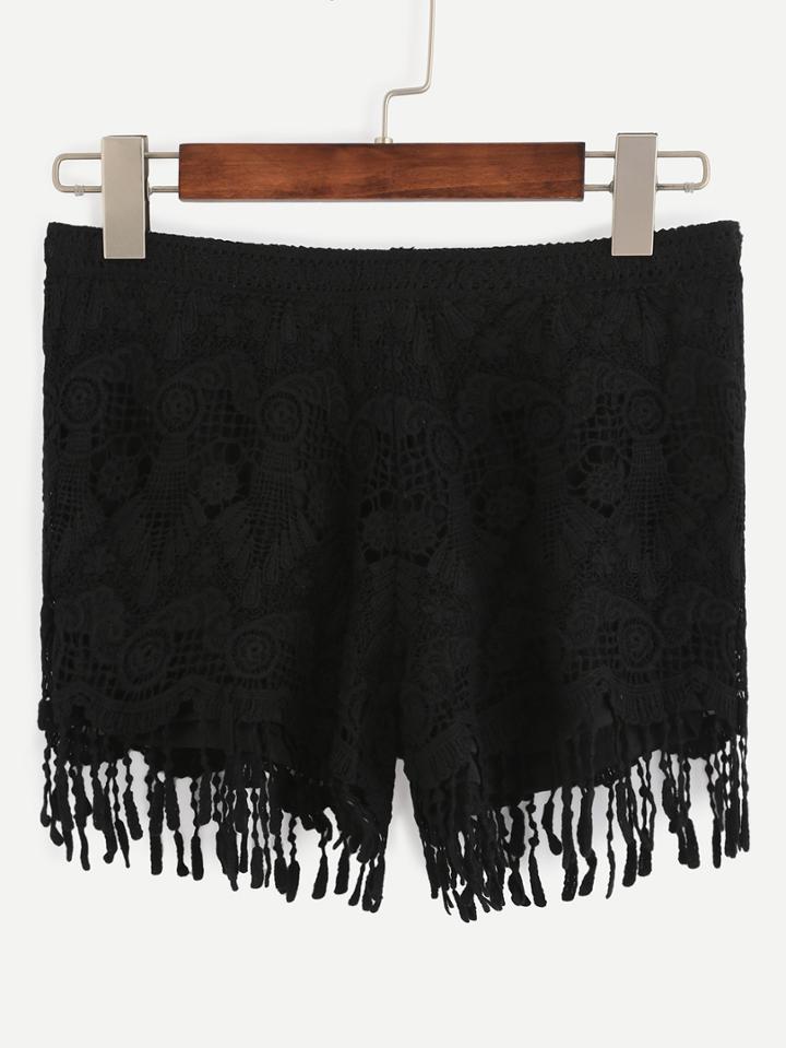 Romwe Black Fringe Trim Crochet Shorts