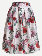 Romwe White Rose Print Box Pleated Skirt