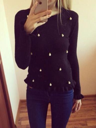 Romwe Bead Ruffle Hem Black Sweater