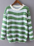 Romwe Striped Jacquard Green Sweater