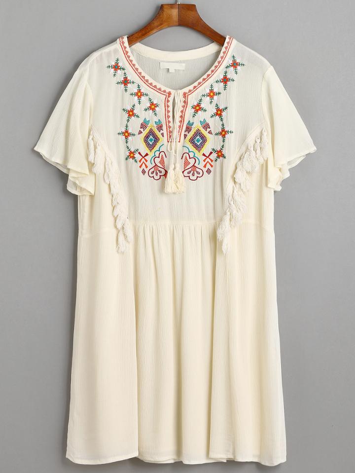 Romwe Beige Tie Neck Embroidered Fringe Shift Dress