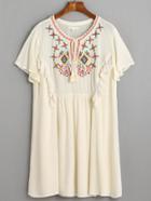 Romwe Beige Tie Neck Embroidered Fringe Shift Dress