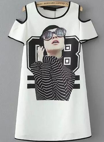 Romwe With Diamond Open Shoulder Beauty Print Dress