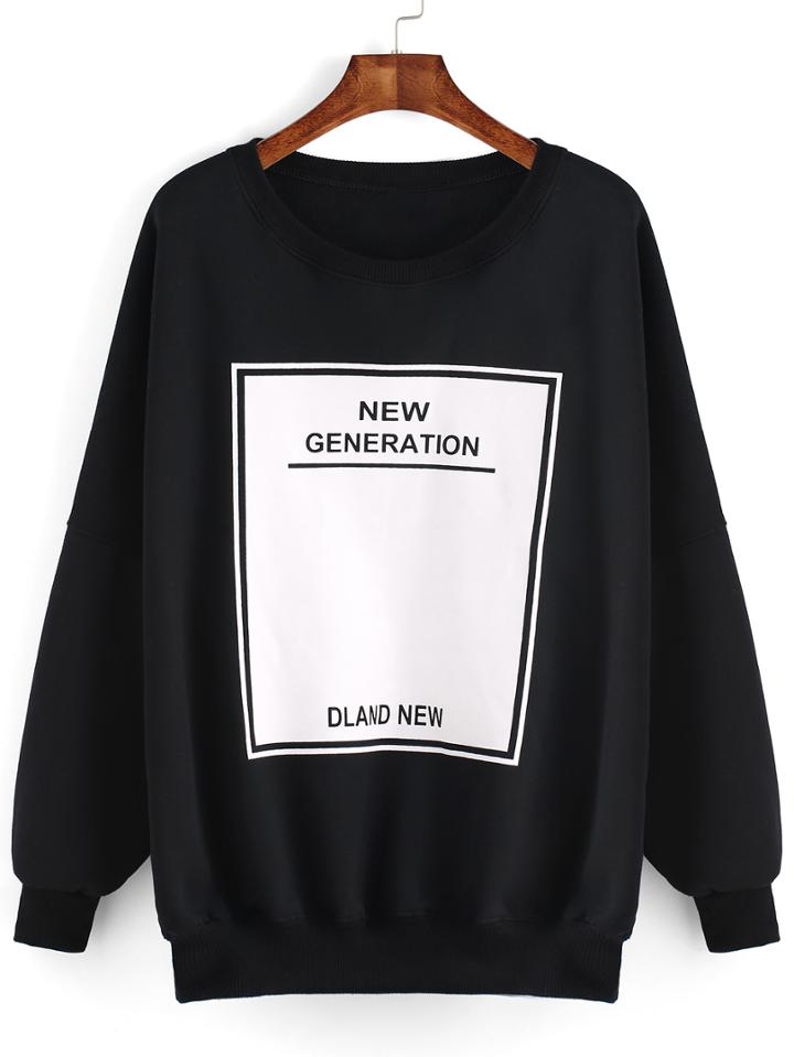 Romwe Round Neck Letter Print Loose Black Sweatshirt