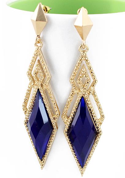 Romwe Blue Gemstone Gold Hollow Geometric Earrings