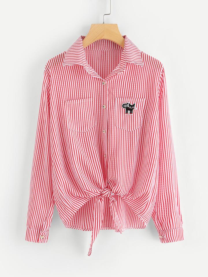 Romwe Cat Embroidered Patch Knot Front Striped Shirt