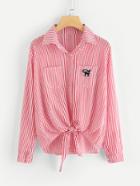Romwe Cat Embroidered Patch Knot Front Striped Shirt