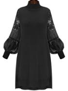 Romwe High Neck Lantern Sleeve Lace Dip Hem Black Sweater Dress
