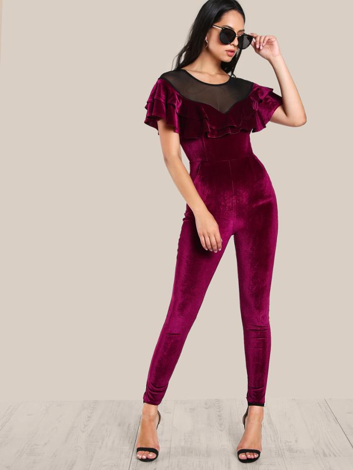 Romwe Mesh Shoulder Frill Trim Velvet Jumpsuit