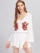 Romwe Rose Applique Eyelet Lace Up Frill Hem Romper