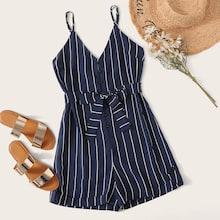 Romwe Striped Belted Cami Romper