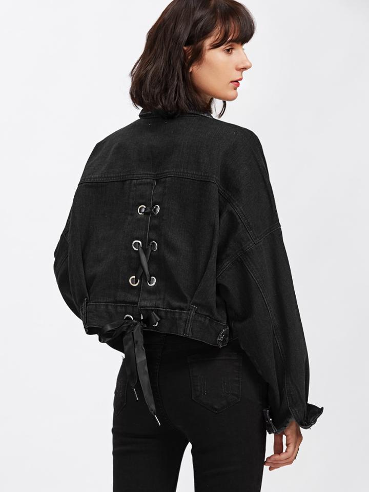 Romwe Lace Up Drop Shoulder Denim Jacket
