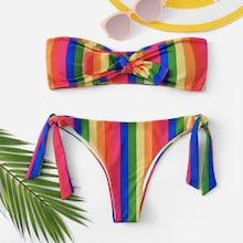 Romwe Random Striped Self Tie Side Bandeau Bikini Set