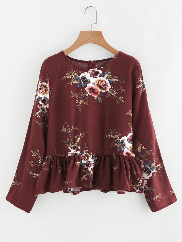 Romwe Floral Print Frill Hem Zip Up Back Top