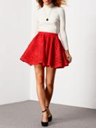 Romwe Red High Waist Hollow Flare Skirt