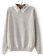 Romwe Lace Lapel Loose Grey Sweater