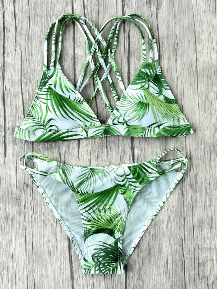 Romwe Jungle Print Strappy Side Cutout Bikini Set