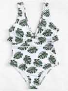 Romwe Palm Print Ruffle Swimsuit