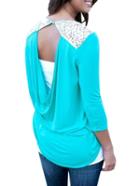 Romwe Long Sleeve Cut Out Backless Lace Insert T-shirts