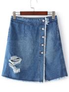 Romwe Blue Buttons Front Fringe Trim Ripped Hole Denim Skirt