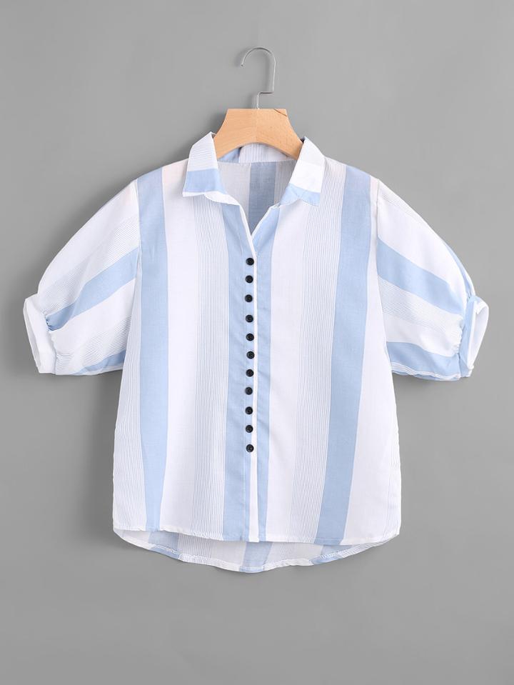 Romwe Contrast Striped Lantern Sleeve Shirt