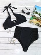Romwe Black Ladder Cutout High Waist Halter Bikini Set
