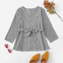 Romwe Tie Waist Gingham Blouse
