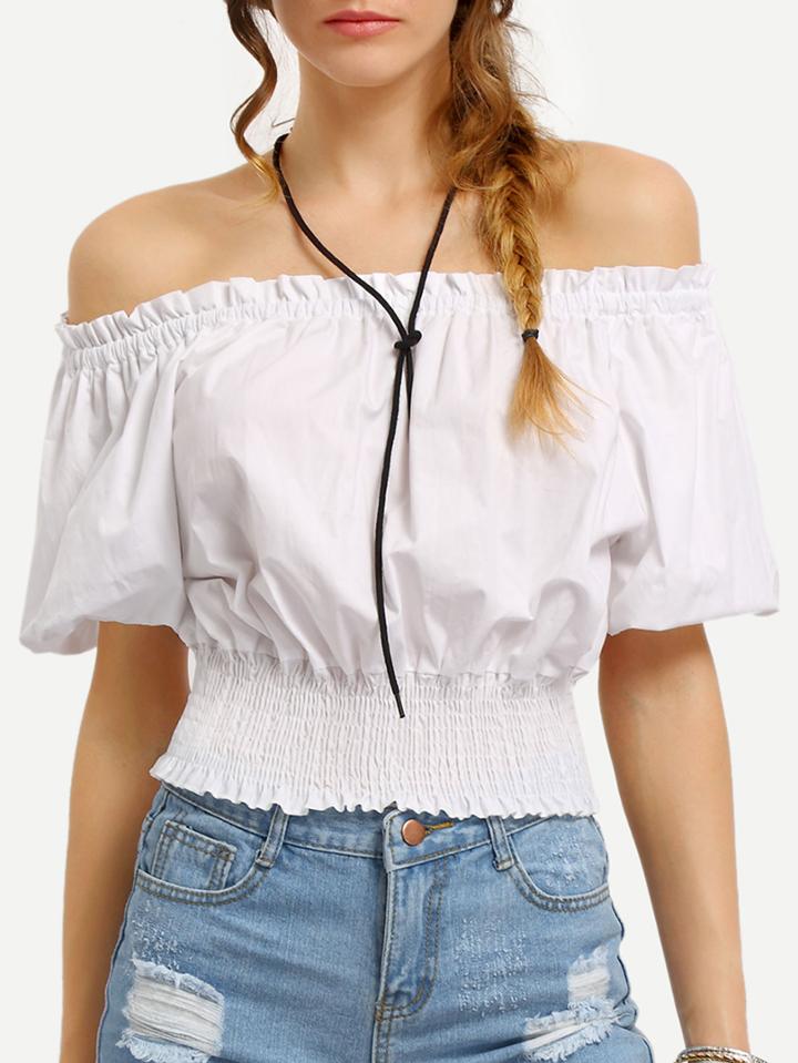 Romwe Off-the-shoulder Lantern Sleeve Shirred Blouse