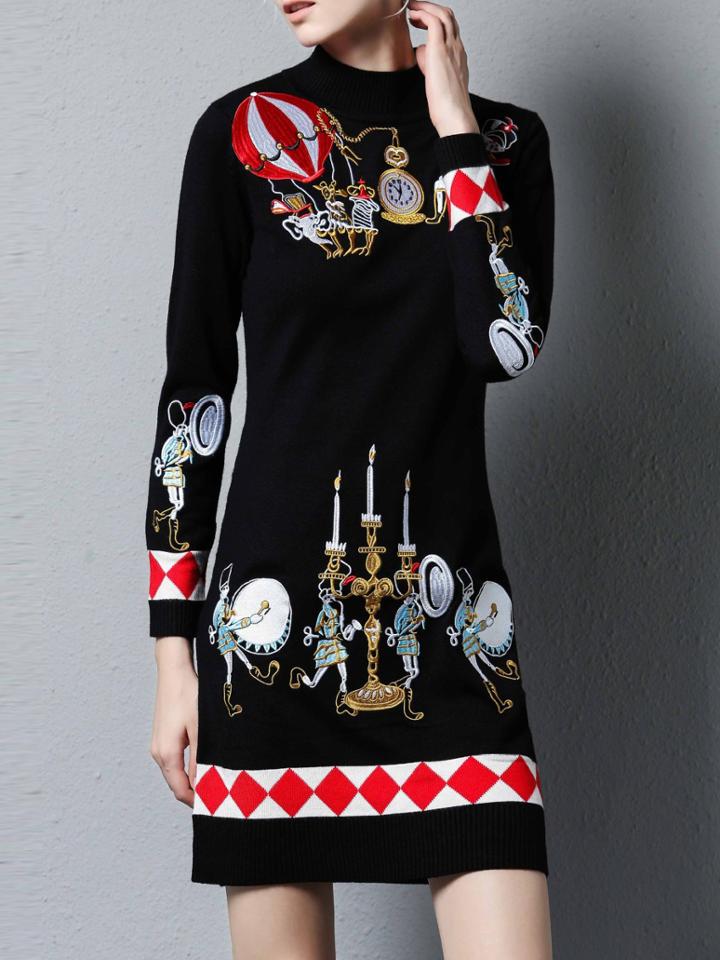 Romwe Black Knit Embroidered Shift Dress