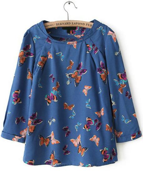 Romwe Blue Round Neck Butterfly Print Loose Blouse