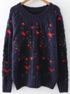 Romwe Navy Floral Embroidery Raglan Sleeve Sweater
